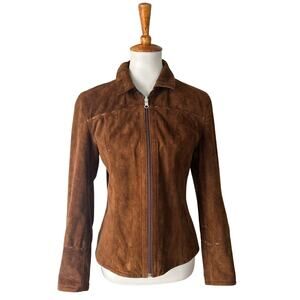 Vintage 70s Reversible Leather Suede Jacket Brown Contrast Lacing Zip Front